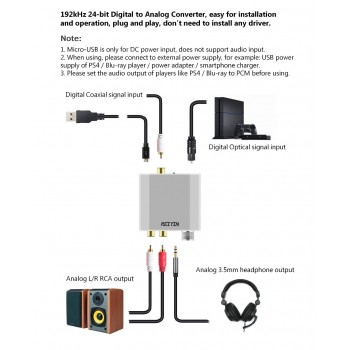 DAC 192kHz 24bit Audio Converter Digital Optical Coaxial Toslink to Analog Stereo L/R RCA 3.5mm Adapter for PS4 Xbox Game Device