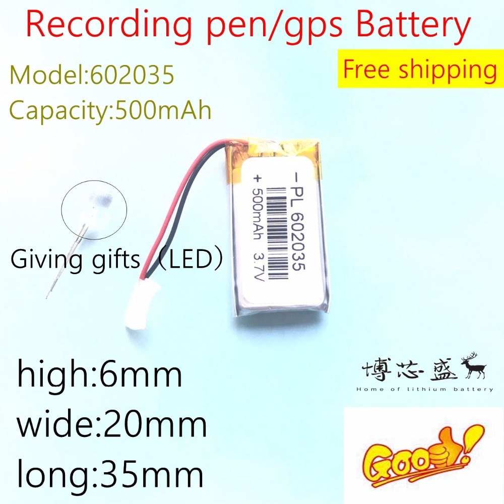 Free shipping Polymer battery 500 mah 3.7 V 602035 smart home MP3 speakers Li-ion battery for dvr,GPS,mp3,mp4,cell phone,speaker