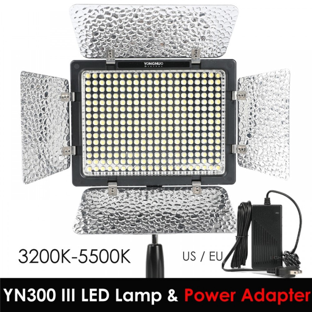 Yongnuo YN300 III YN-300 lIl 3200k-5500K CRI95+ Pro LED Video Light with Remote Control + AC DC Power Adapter for Canon Nikon