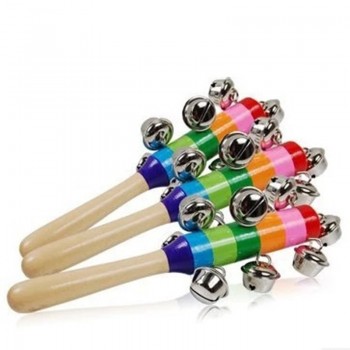 Hot Sale 1 Pcs 18cm Wooden Stick Two Style Jingle Bells Rainbow Hand Shake Sound Bell Rattles Baby Kid Children Educational Toy