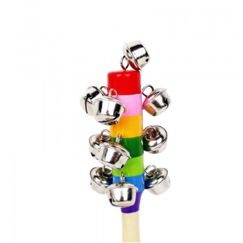 Hot Sale 1 Pcs 18cm Wooden Stick Two Style Jingle Bells Rainbow Hand Shake Sound Bell Rattles Baby Kid Children Educational Toy