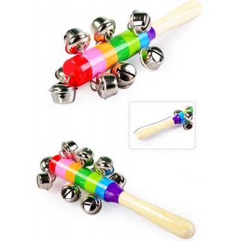 Hot Sale 1 Pcs 18cm Wooden Stick Two Style Jingle Bells Rainbow Hand Shake Sound Bell Rattles Baby Kid Children Educational Toy