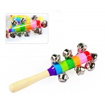 Hot Sale 1 Pcs 18cm Wooden Stick Two Style Jingle Bells Rainbow Hand Shake Sound Bell Rattles Baby Kid Children Educational Toy