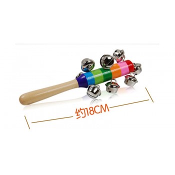 Hot Sale 1 Pcs 18cm Wooden Stick Two Style Jingle Bells Rainbow Hand Shake Sound Bell Rattles Baby Kid Children Educational Toy