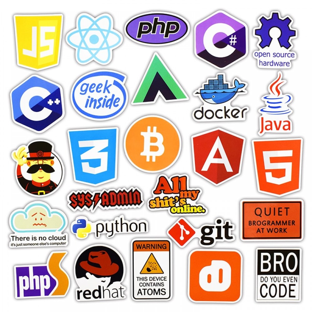 50 Pcs Internet Java JS Php Html Cloud Docker Bitcoin Programming Language APP Logo Cool Stickers for Laptop Car DIY Stickers