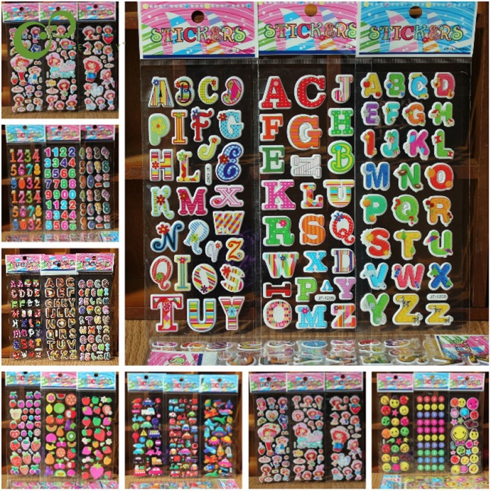 10 Sheets/lot Super multi Design 3D Puffy Bubble Waterpoof Stickers Fruits Smile Animal Children Kids Boy Girl DIY Toy WYQ