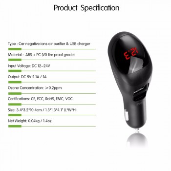 Onever Car Air Purifier Ionizer Air Cleaner Ionic Air Purifier Car Air Freshener with Dual USB Charger Voltmeter display