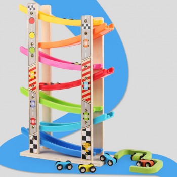 Wooden 7-Layer Ramp Race Track amp; 8 Mini Inertia Car Sliding Toy Vehicelamp;Train Baby Toddler Motor Skill Developmental Kids Gift