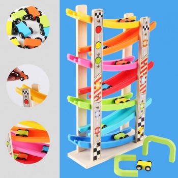 Wooden 7-Layer Ramp Race Track amp; 8 Mini Inertia Car Sliding Toy Vehicelamp;Train Baby Toddler Motor Skill Developmental Kids Gift