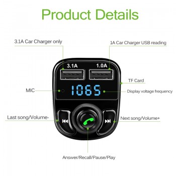 Onever Car Kit Bluetooth MP3 Player Hands-free Call Wireless FM Transmitter  Radio Adapter DC 12-24V with  Dual USB Car Charger