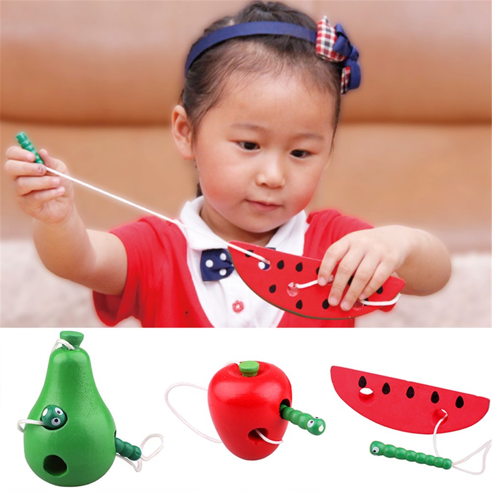 Citygirl Kid Early Educational Lacing Threading Fruits Caterpillar Eats Fruit Wooden Toys