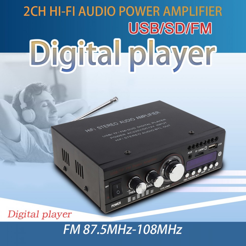 DC 12V / AC 220V Bluetooth 2CH HiFi Car Stereo Audio Power Amplifier FM Radio Auto Hi-Fi Digital Player Support USB SD FM DVD