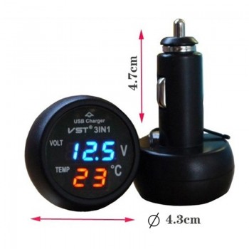 3 in 1 Digital LED car Voltmeter Thermometer Auto Car USB Charger 12V/24V Temperature Meter Voltmeter Cigarette Lighter