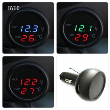 3 in 1 Digital LED car Voltmeter Thermometer Auto Car USB Charger 12V/24V Temperature Meter Voltmeter Cigarette Lighter