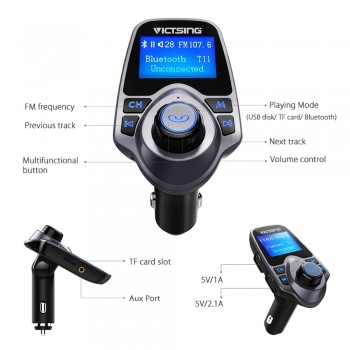 VicTsing Car MP3 Player FM Transmitter Bluetooth Handsfree Car Kit Wireless Radio Audio Adapter with Dual USB 2.1A USB Charger