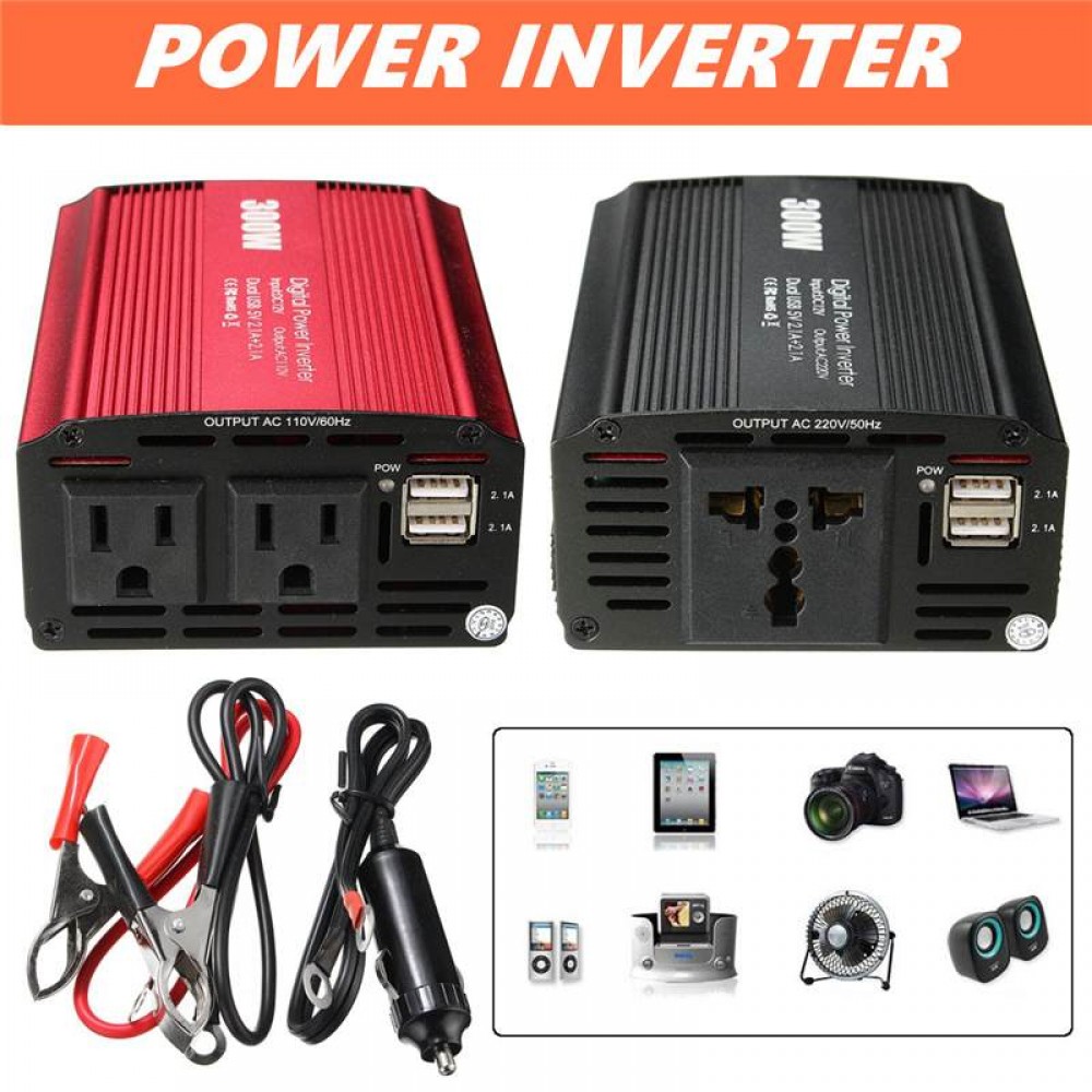 300W Power Inverter 12 V to AC 110/220 Volt  2 USB Max 600 Watt Modified Sine Wave  LCD Digital Car Charge Converter Transformer