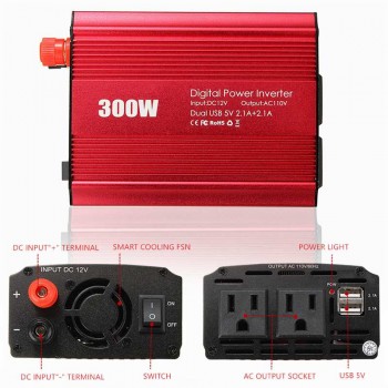 300W Power Inverter 12 V to AC 110/220 Volt  2 USB Max 600 Watt Modified Sine Wave  LCD Digital Car Charge Converter Transformer