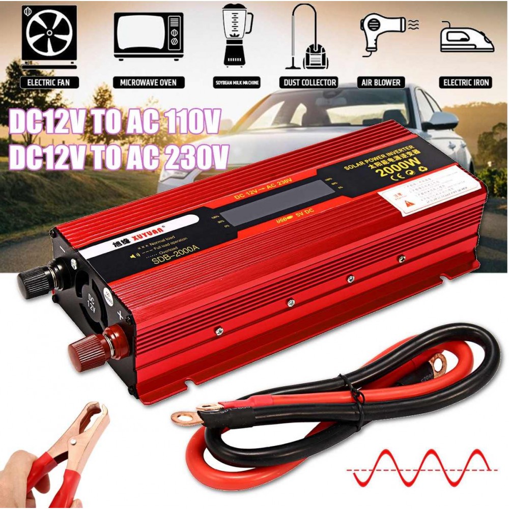 2000W Car LCD Solar Power Inverter DC 12V to AC 110V/230V Modified Sine Wave Converter Adapter Portable Car Vehicles Electronics