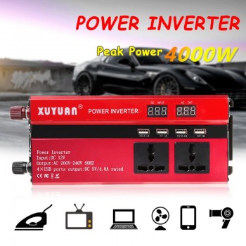 Free delivery 4000W Solar Car Power Inverter LED DC12/24V to AC110/220V Sine Wave Converter 4 USB Interfaces