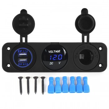 Dual USB Socket Charger 2.1A+2.1A 12V Cigarette Lighter LED Voltmeter 3 in 1 Charger Panel for Car Motocycle Boat Marine Truck