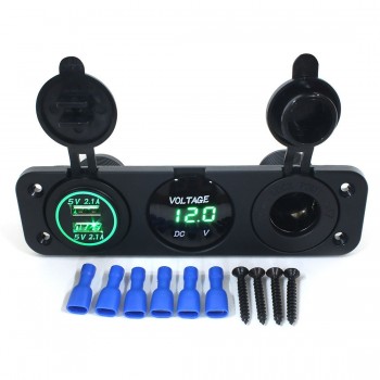 Dual USB Socket Charger 2.1A+2.1A 12V Cigarette Lighter LED Voltmeter 3 in 1 Charger Panel for Car Motocycle Boat Marine Truck