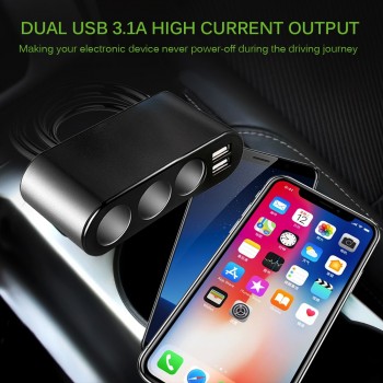 Onever 3 Way Auto Car Cigarette Lighter Socket Splitter Charger 3.1A Dual USB Car Charger Power Adapter for iPhone Samsung GPS