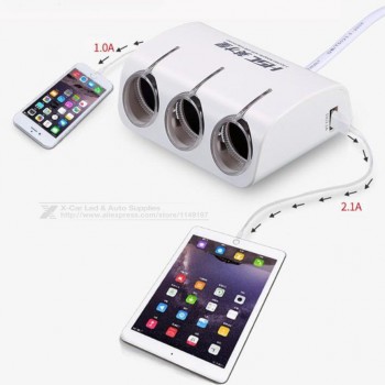 Mini 3 Sockets Way Car Auto Cigarette Lighter / Splitter Power Adapter Dual 2 USB Car Charger For Samsung DVR GPS iPhone iPad