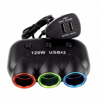 12V 120W 3 LED Sockets Way Car Auto Cigarette Lighter Splitter Power Adapter Dual 2 USB Car Charger For Phone DVR GPS