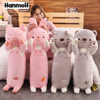 Animals Long Pillow Cylindrical Stuffed Bolster Standing Dog/Rabbit/Cat/Pig Pink/Grey Kids Adults Sleeping Companion 70/110cm