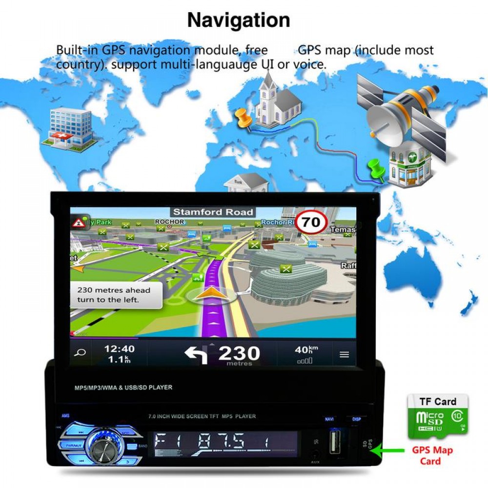 7 Inch Telescopic HD Screen Car Mp5 Player 9601G Navigation GPS Bluetooth Reversing View Function With Europe Map Accessories