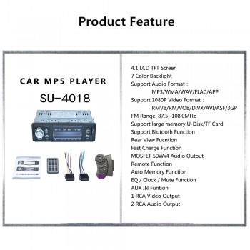 4.1 Inch 1 Din Car Video MP5 Player Car Multimidia Radio Bluetooth HD LCD Display Car Audio Support USB TF Card Rear View Camera