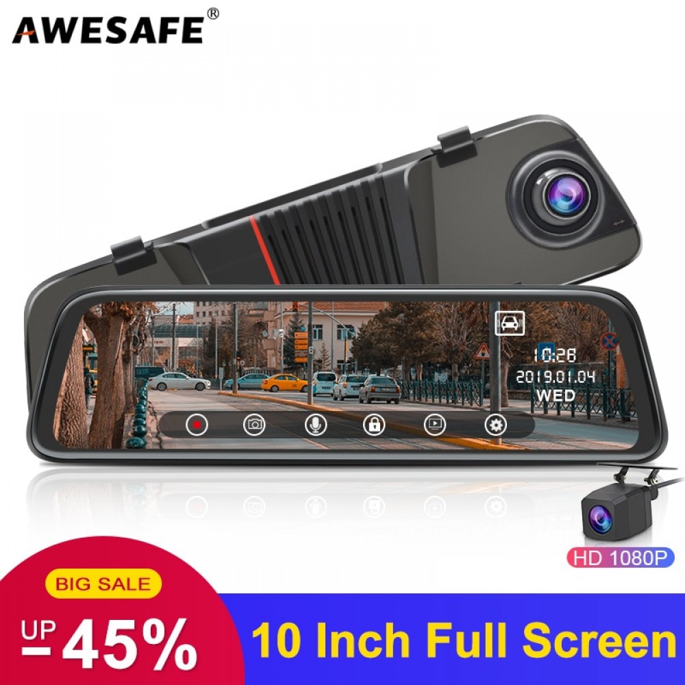 AWESAFE 2019 New Back Camera 1080P Car DVR Dual Lens Dash Cam 10 IPS Touch Screen Rear view Mirror Driving Recording Recorder