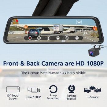 AWESAFE 2019 New Back Camera 1080P Car DVR Dual Lens Dash Cam 10 IPS Touch Screen Rear view Mirror Driving Recording Recorder