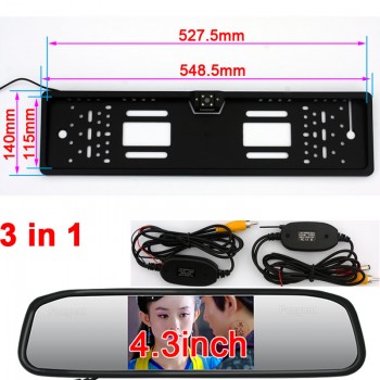 Vehicle European License Plate Frame Backup Car Number Rear View Reverse Parking AV Jack Wireless Auto Camera 5 4.3 inch Monitor