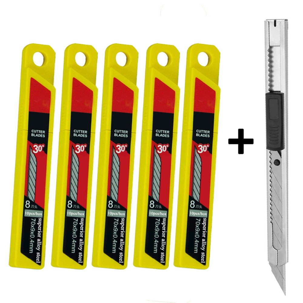 CNGZSY 1PC Snap-Off Knife + 50PCS Blades Retractable Art Cutter Window Repair Scraper Glue Cleaning Pencil Paper Knife E02+5E03