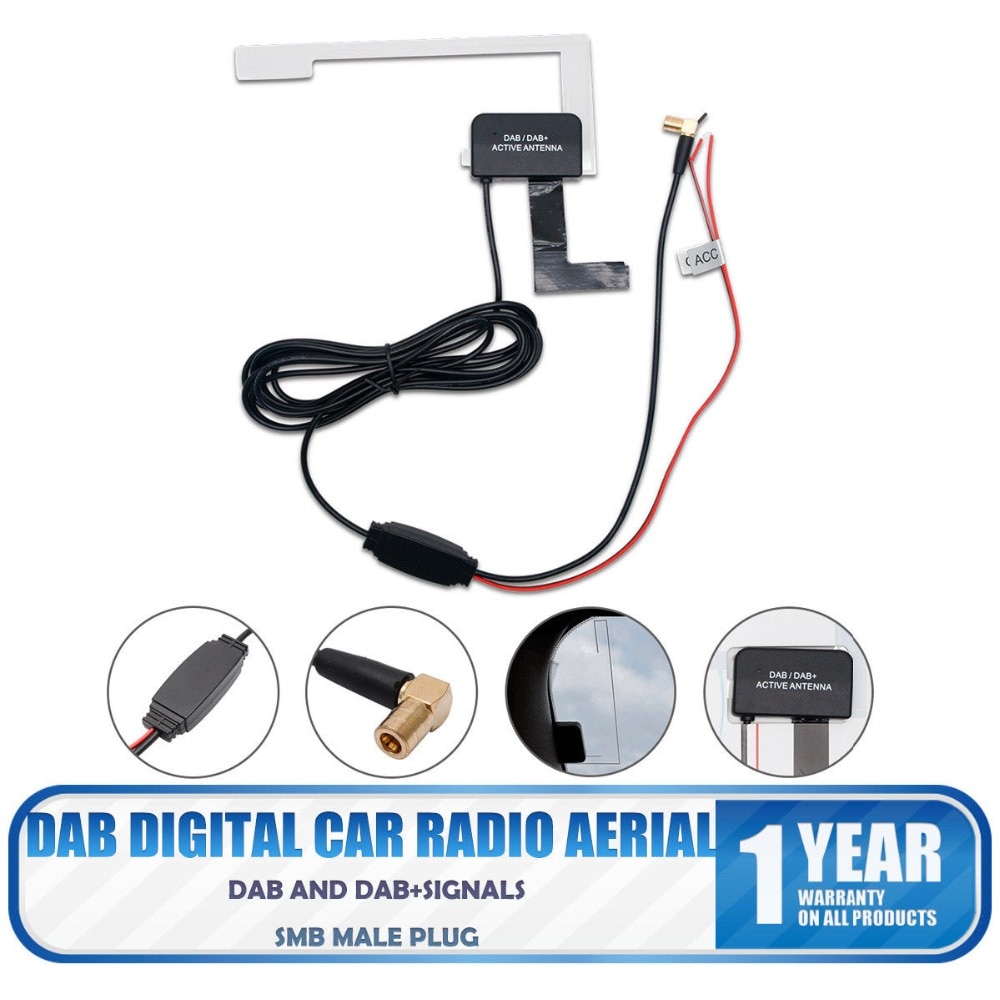 DAB / DAB+ Digital Car Radio Active Antenna Aerial SMB Right Angle Glass Mount