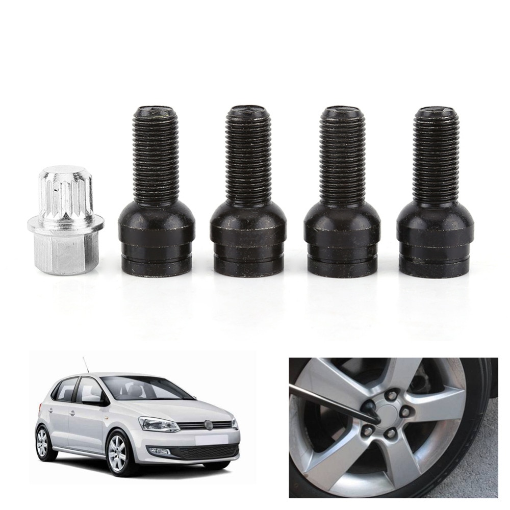 4+1 M14*1.5MM Black Steel Wheel Bolt amp; Lock Lug Nut Set With Key For Audi VW Golf Jetta Car-Styling