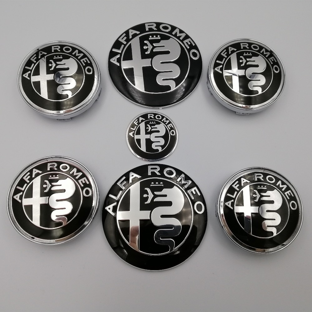 7pcs Alfa Romeo New Logo 74mm Hood Trunk+ Steering Wheel Badge+ 60mm Wheel Center Cap Emblem Brera 159 SW New Spider Giulietta