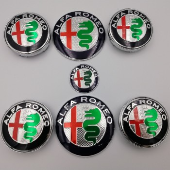 7pcs Alfa Romeo New Logo 74mm Hood Trunk+ Steering Wheel Badge+ 60mm Wheel Center Cap Emblem Brera 159 SW New Spider Giulietta