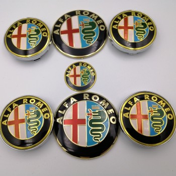 7pcs Alfa Romeo New Logo 74mm Hood Trunk+ Steering Wheel Badge+ 60mm Wheel Center Cap Emblem Brera 159 SW New Spider Giulietta