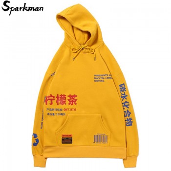 Chinese Streetwear Lemon Tea Print Hoodies Hip Hop Men Winter Fleece Pullover Casual Hooded Sweatshirts Tops Harajuku Clothing