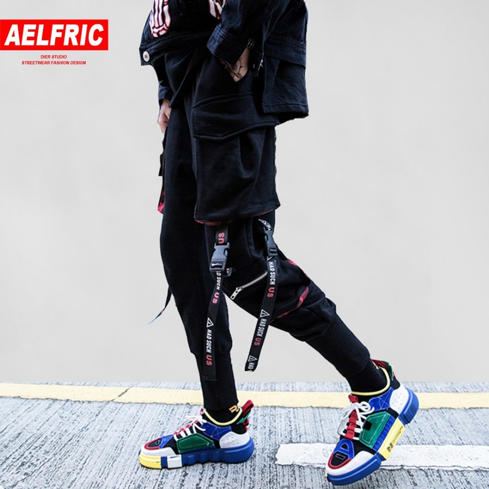 AELFRIC Ribbons Pockets Harem Pants Men Autumn Winter Casual Sweatpants Hip Hop Joggers New Design Slim Fit Pencil Pants KJ132