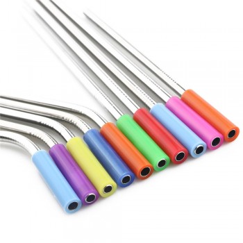 5pcs Reusable Straw 304 Stainless Steel Straw Metal Smoothies Drinking Straws Silicone Cover Set with Brush Bag Wholesale