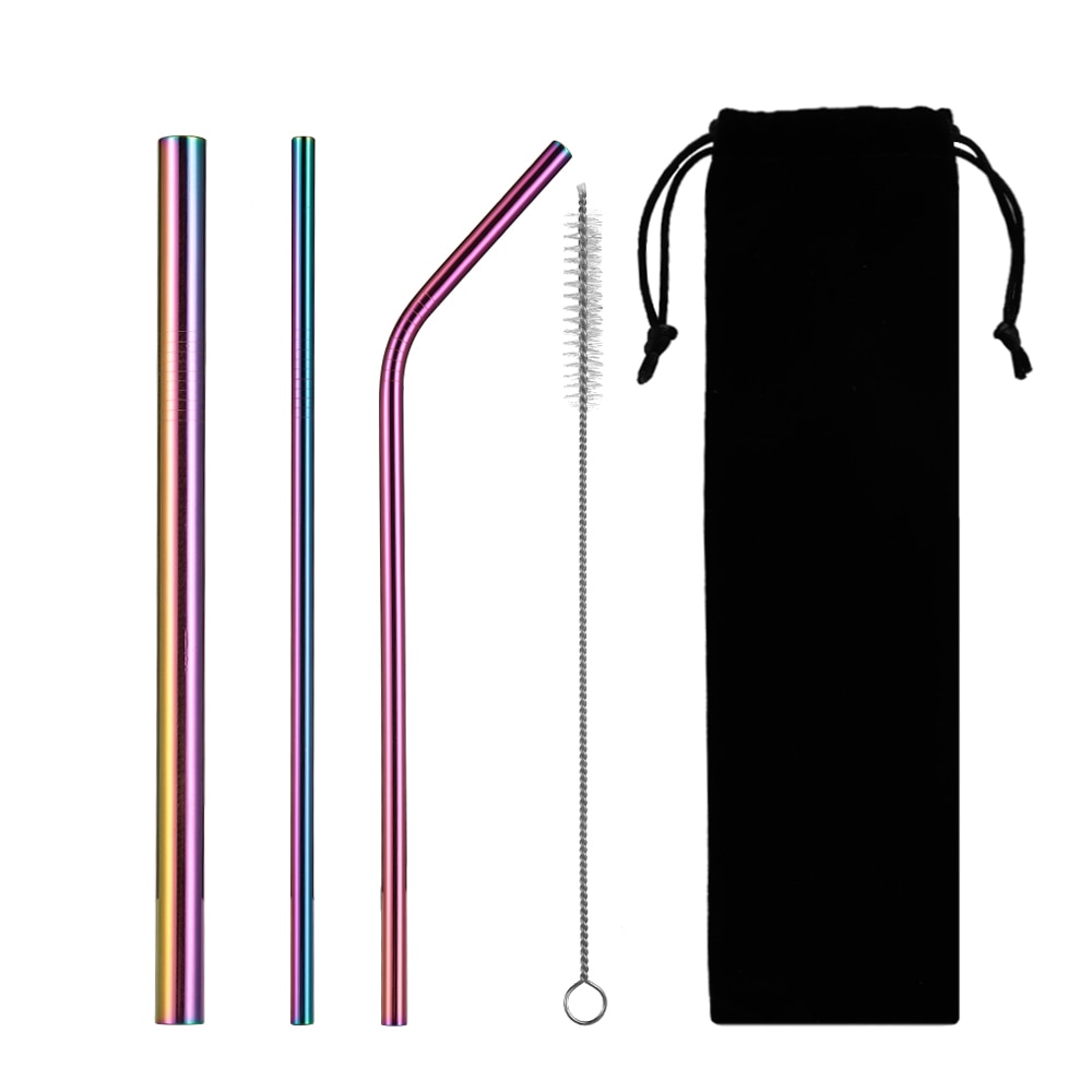 5pcs/set Reusable Drinking Straw Stainless Steel Eco-Friendly Straight/ Bend Metal Straw with Cleaner Brush Bar Accessories