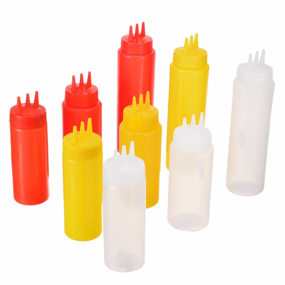 Mayitr 3 Hole Squeeze Bottle Plastic Oil Vinegar Bottles Condiment Dispenser Sauce Bottle Ketchup Salad Cruet Can