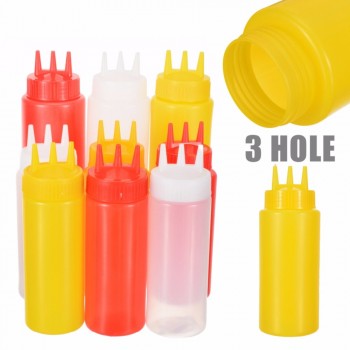 Mayitr 3 Hole Squeeze Bottle Plastic Oil Vinegar Bottles Condiment Dispenser Sauce Bottle Ketchup Salad Cruet Can