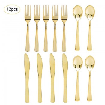 12Pcs Flat Plating Gold Disposable Cutlery Western Dessert Cutlery Ice Cream Spoon Long Handle Cutlery Christmas Party Supplies