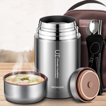 BOAONI 1000ml Food Thermal Jar Vacuum Insulated Soup Thermos Containers 18/8 Stainless Steel Lunch Box with Folding Spoon