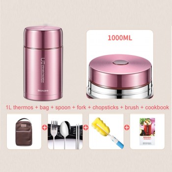 BOAONI 1000ml Food Thermal Jar Vacuum Insulated Soup Thermos Containers 18/8 Stainless Steel Lunch Box with Folding Spoon