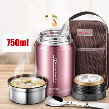 BOAONI 1000ml Food Thermal Jar Vacuum Insulated Soup Thermos Containers 18/8 Stainless Steel Lunch Box with Folding Spoon